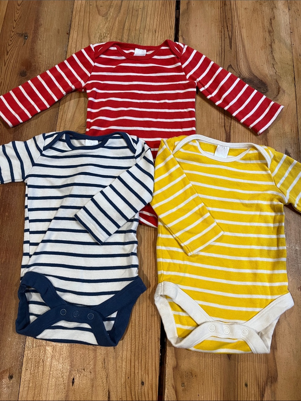 Set/3 MINI BODEN (Baby Boden) 0-3M Boys Multi-Stripe Bodysuits Yellow Red Navy